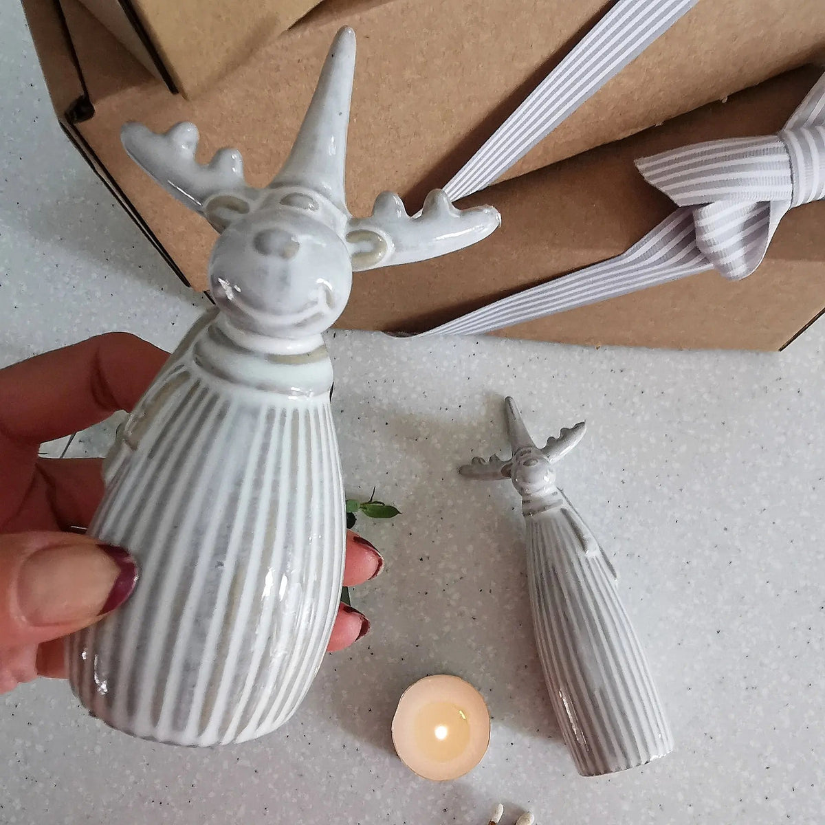 Ribbed Grey Reindeer – Ceramic Christmas Decoration   Handcrafted Sustainable Living  Almasea