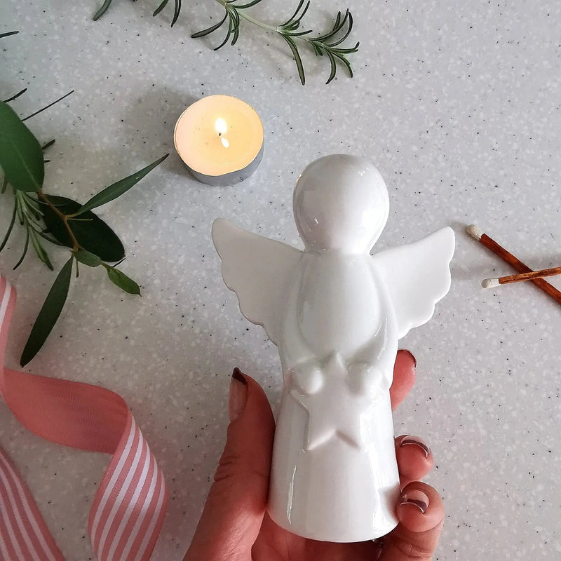 White Ceramic Angel Christmas Decoration with star   Handcrafted Sustainable Living  Almasea