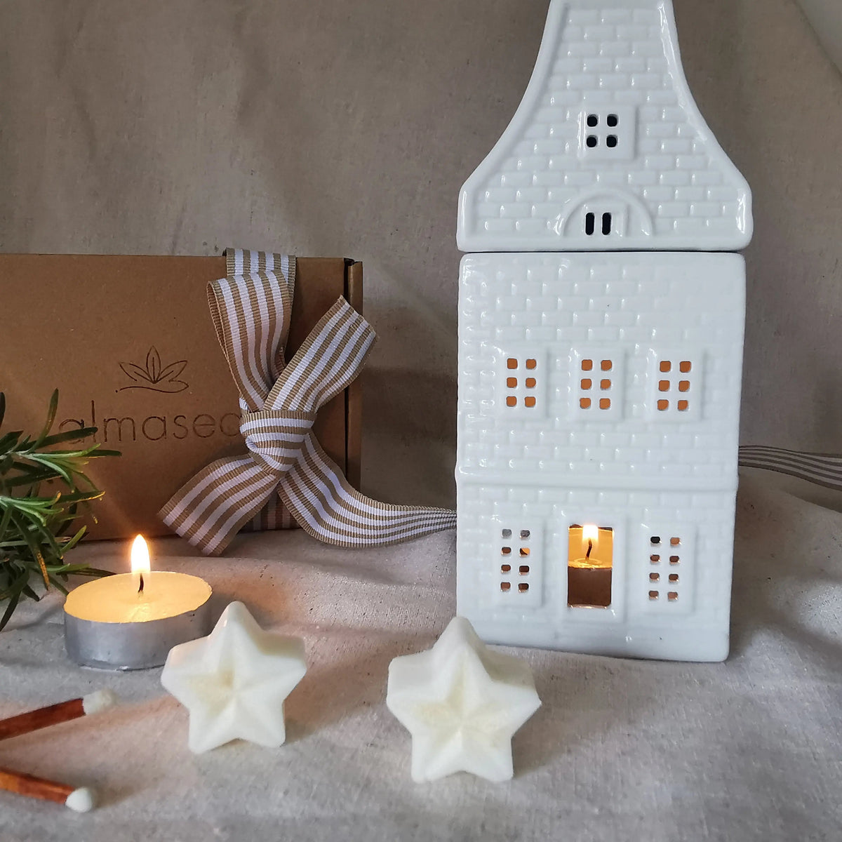 Tile Effect House Wax Burner – White Nordic Ceramic, 16cm   Handcrafted Sustainable Living  Almasea