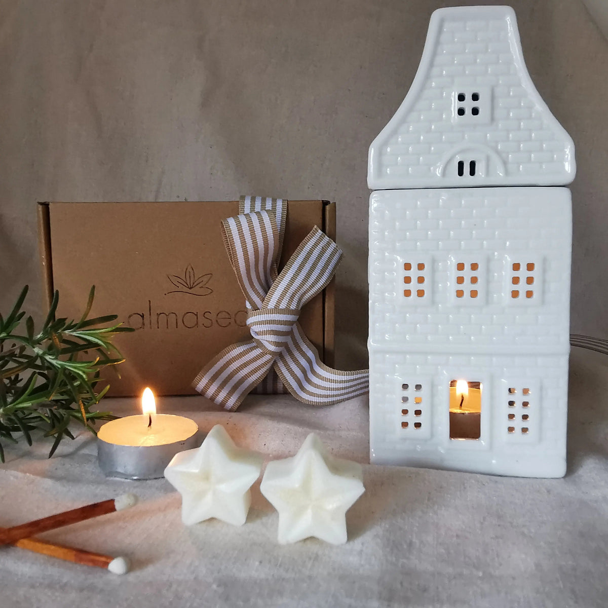 Tile Effect House Wax Burner – White Nordic Ceramic, 16cm   Handcrafted Sustainable Living  Almasea