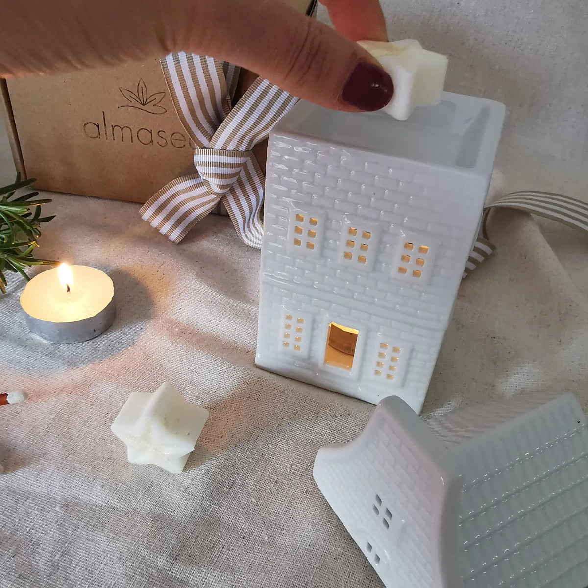Tile Effect House Wax Burner – White Nordic Ceramic, 16cm   Handcrafted Sustainable Living  Almasea