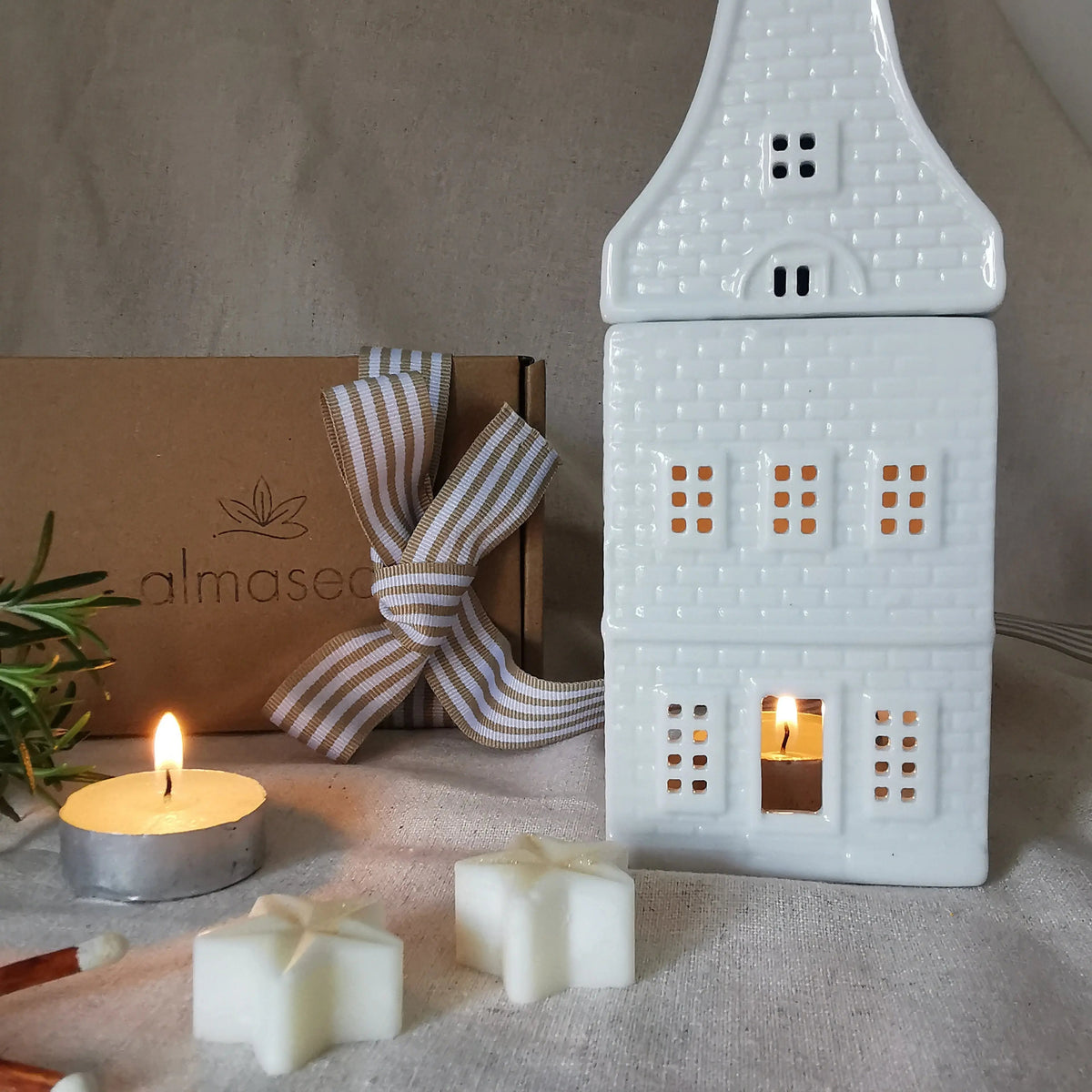Tile Effect House Wax Burner – White Nordic Ceramic, 16cm   Handcrafted Sustainable Living  Almasea