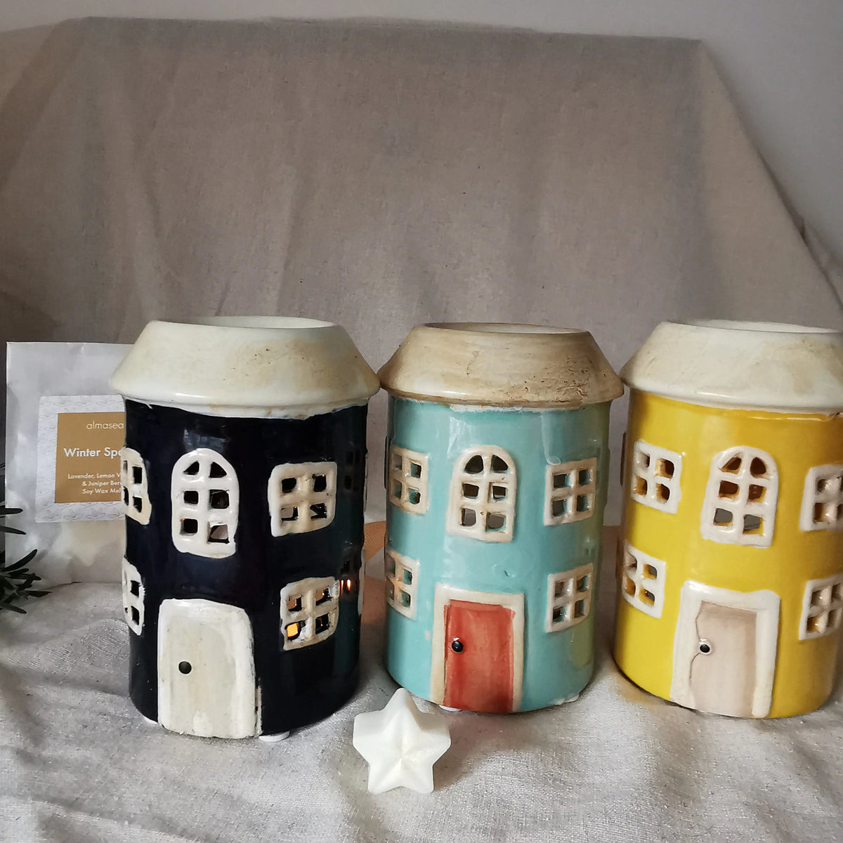 Pottery House Wax Melt Burner – Yellow, Navy & Green   Handcrafted Sustainable Living  Almasea