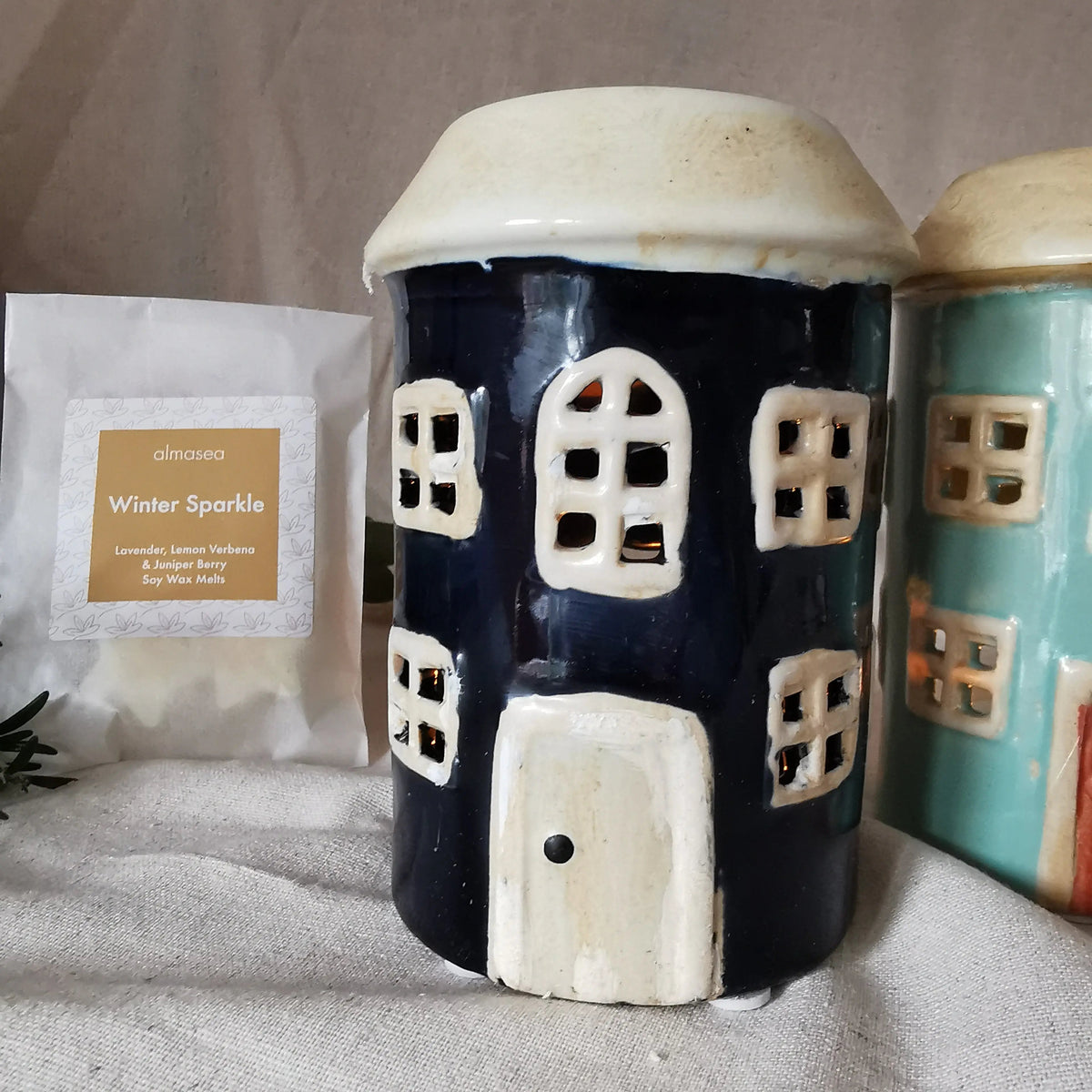Pottery House Wax Melt Burner – Yellow, Navy & Green   Handcrafted Sustainable Living  Almasea