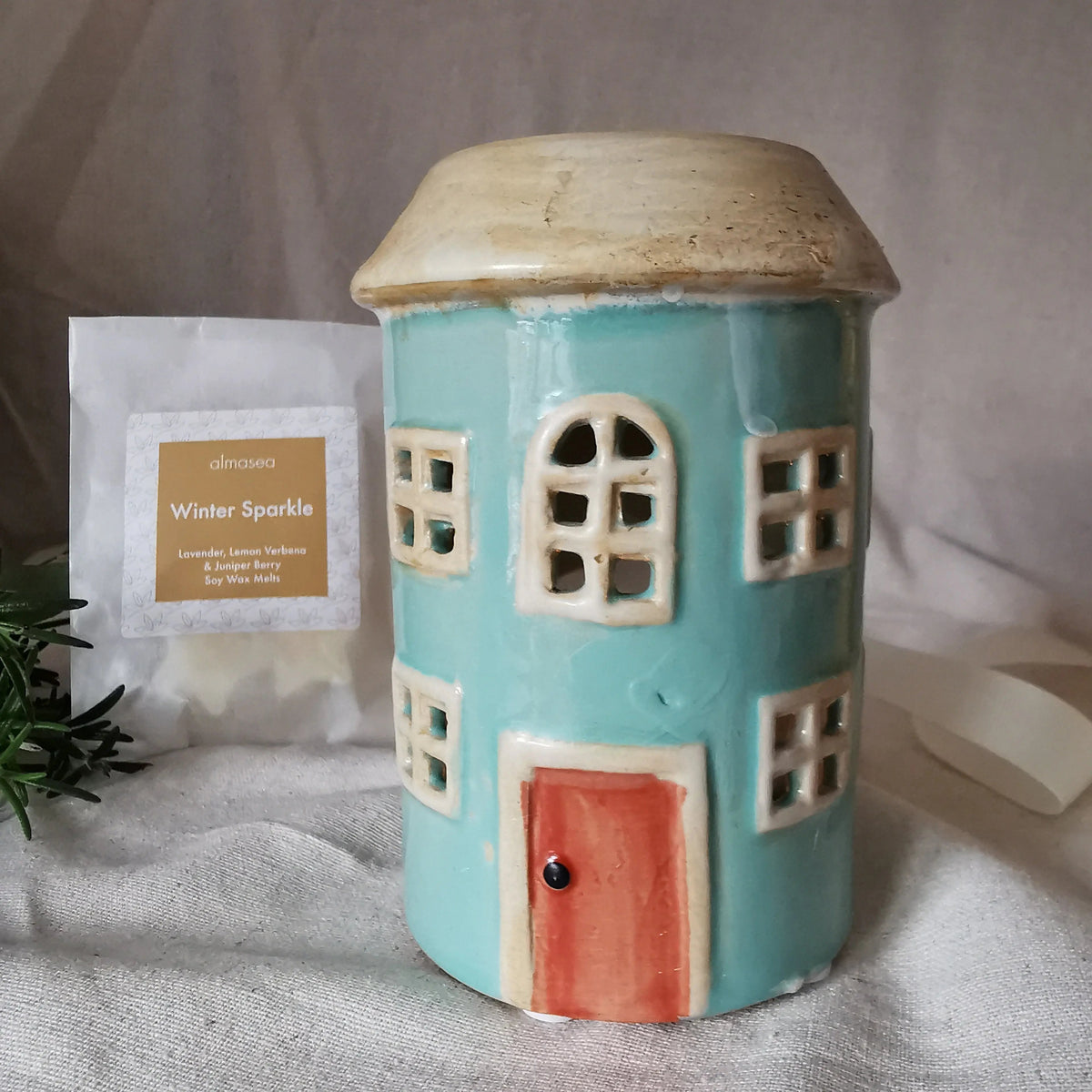 Pottery House Wax Melt Burner – Yellow, Navy & Green   Handcrafted Sustainable Living  Almasea