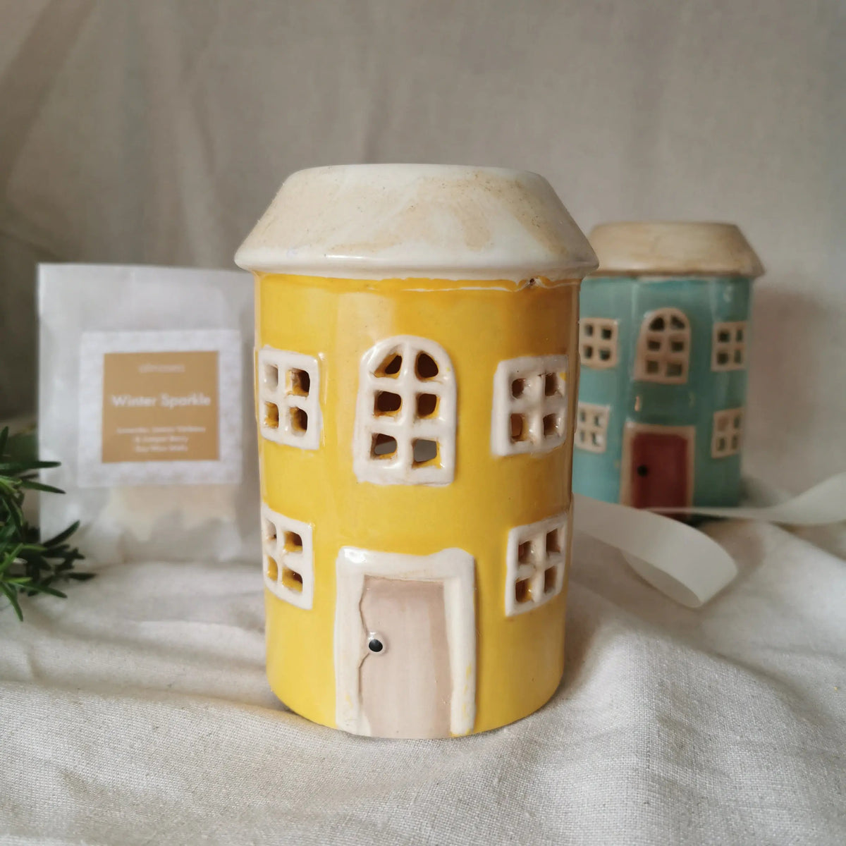 Pottery House Wax Melt Burner – Yellow, Navy & Green   Handcrafted Sustainable Living  Almasea