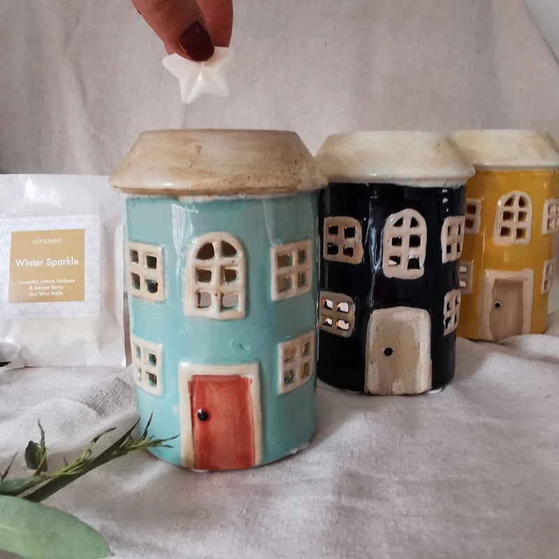 Pottery House Wax Melt Burner – Yellow, Navy & Green   Handcrafted Sustainable Living  Almasea