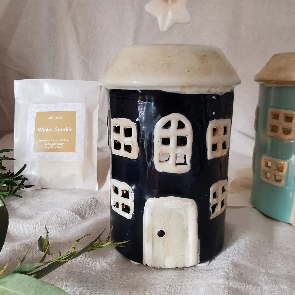 Pottery House Wax Melt Burner – Yellow, Navy & Green   Handcrafted Sustainable Living  Almasea