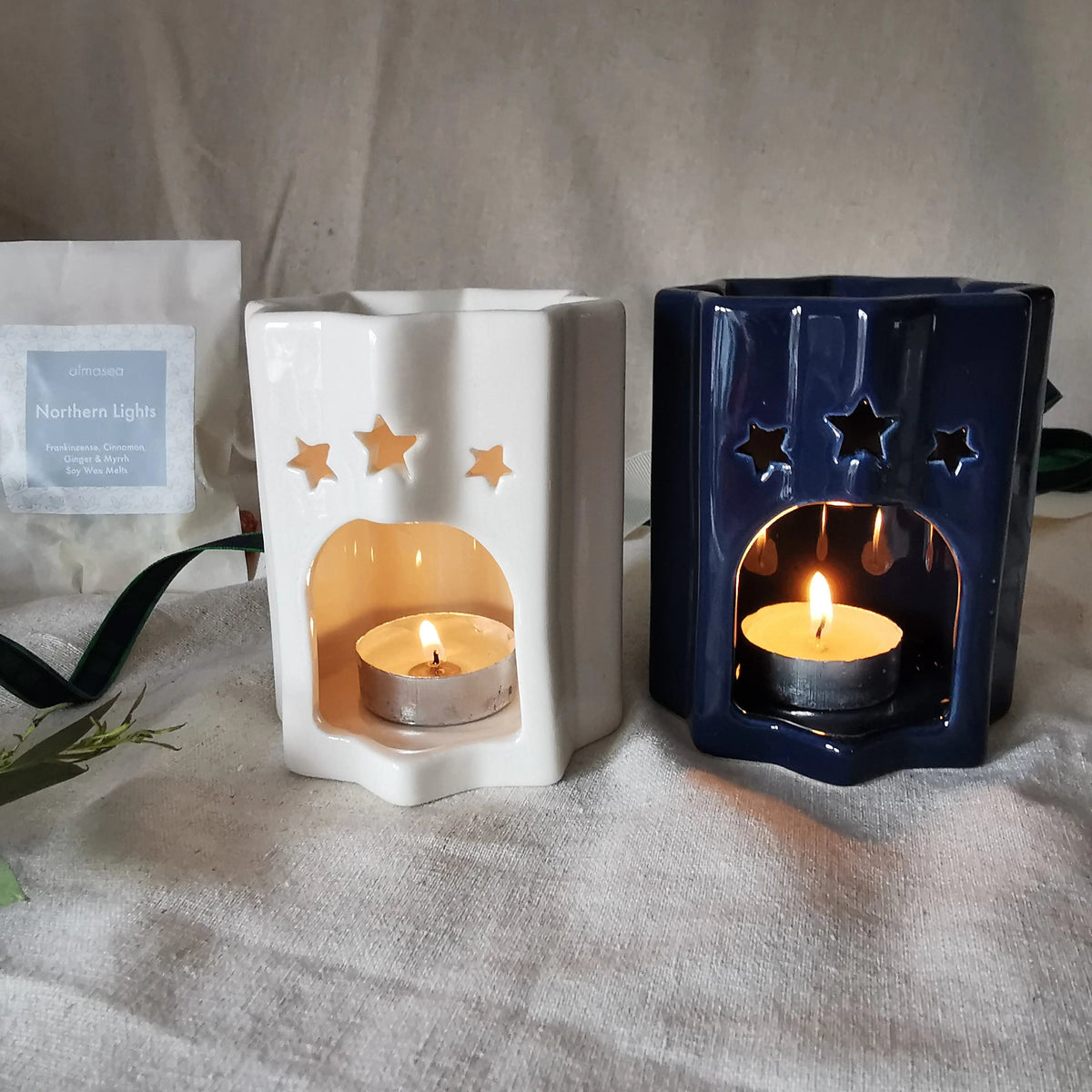 Celestial Star Wax Melt Burner – White or Navy Ceramic   Handcrafted Sustainable Living  Almasea