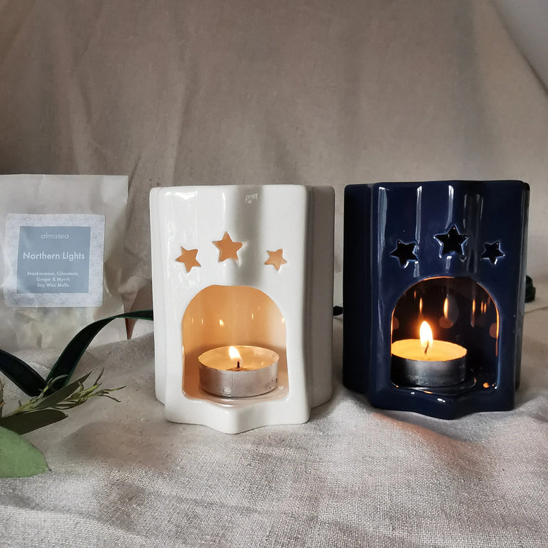 Celestial Star Wax Melt Burner – White or Navy Ceramic   Handcrafted Sustainable Living  Almasea