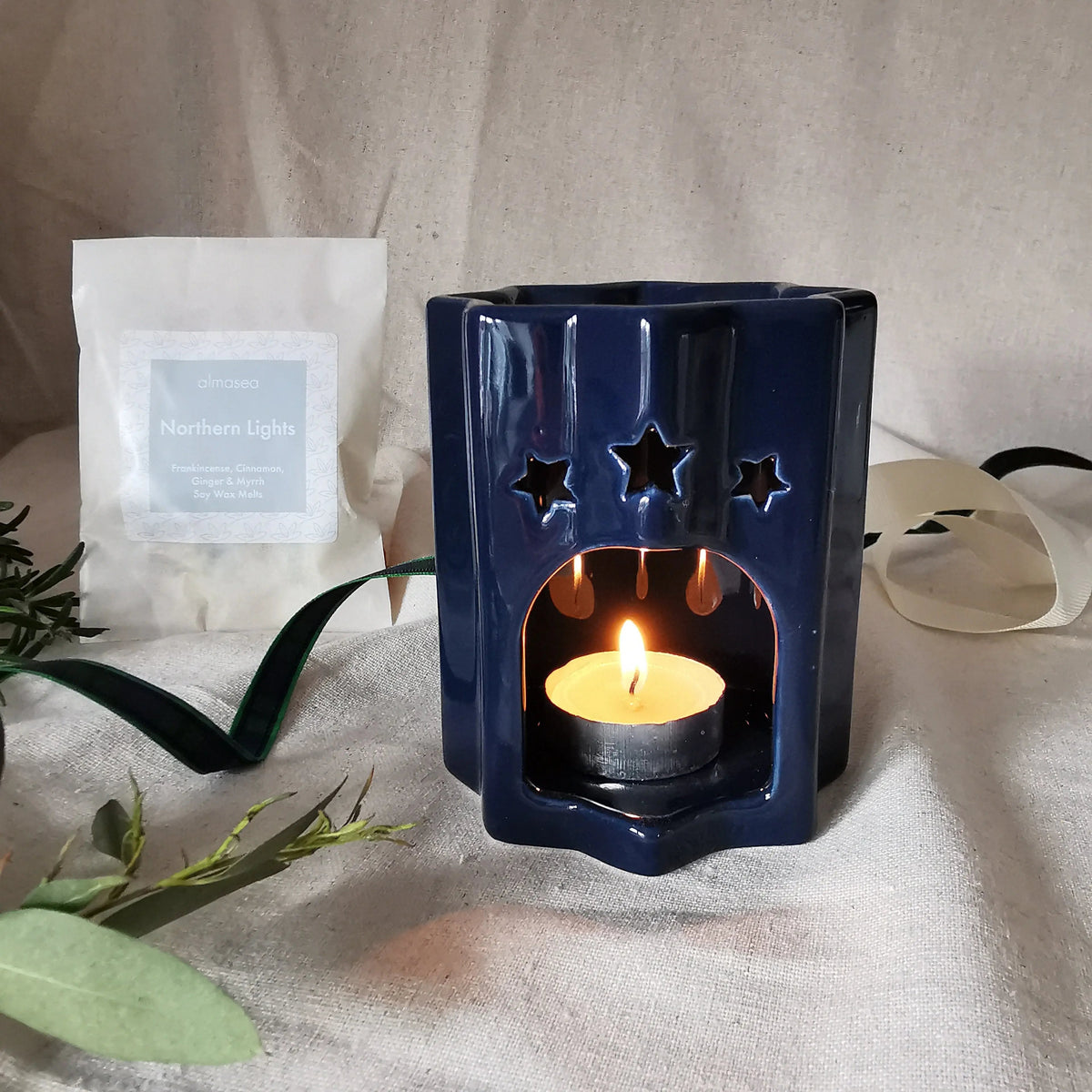 Celestial Star Wax Melt Burner – White or Navy Ceramic   Handcrafted Sustainable Living  Almasea