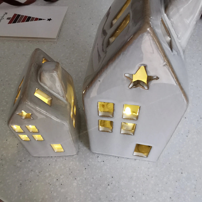 Grey LED Ceramic House – Star Cut-Out, 10cm or 16cm   Handcrafted Sustainable Living  Almasea