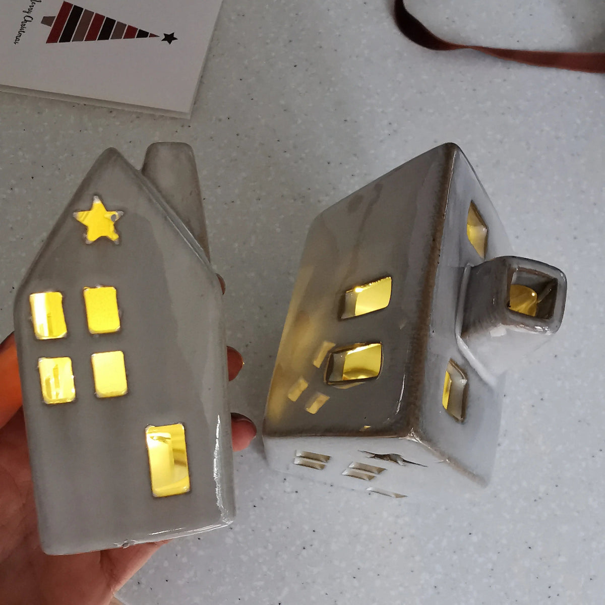 Grey LED Ceramic House – Star Cut-Out, 10cm or 16cm   Handcrafted Sustainable Living  Almasea