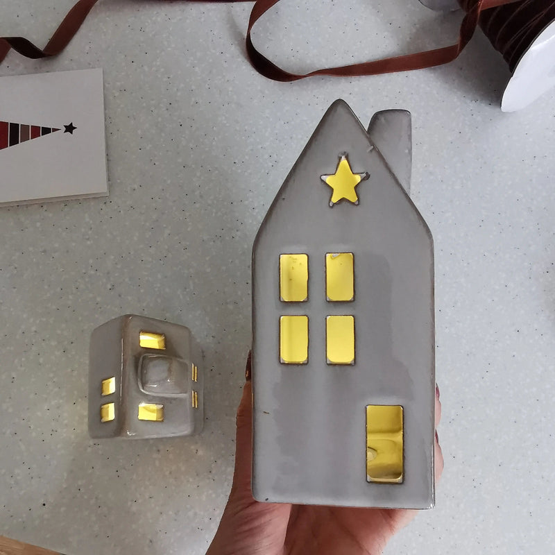 Grey LED Ceramic House – Star Cut-Out, 10cm or 16cm   Handcrafted Sustainable Living  Almasea