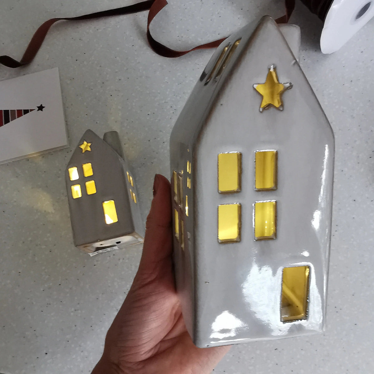 Grey LED Ceramic House – Star Cut-Out, 10cm or 16cm   Handcrafted Sustainable Living  Almasea