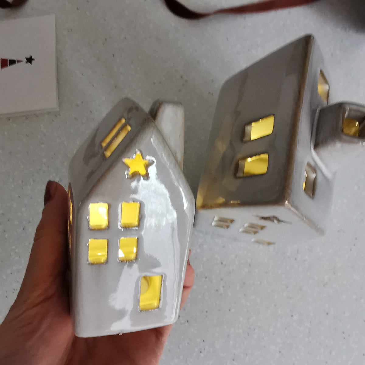 Grey LED Ceramic House – Star Cut-Out, 10cm or 16cm   Handcrafted Sustainable Living  Almasea