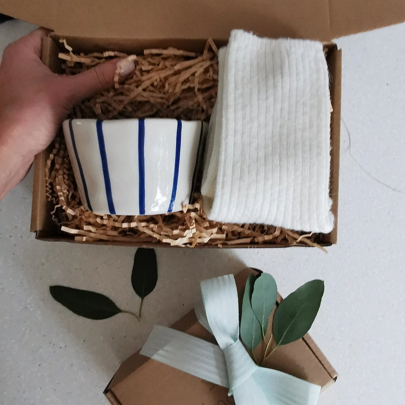 Cosy Vibes Gift Box – Striped Ceramic Mug & Cosy Socks   Handcrafted Sustainable Living  Almasea