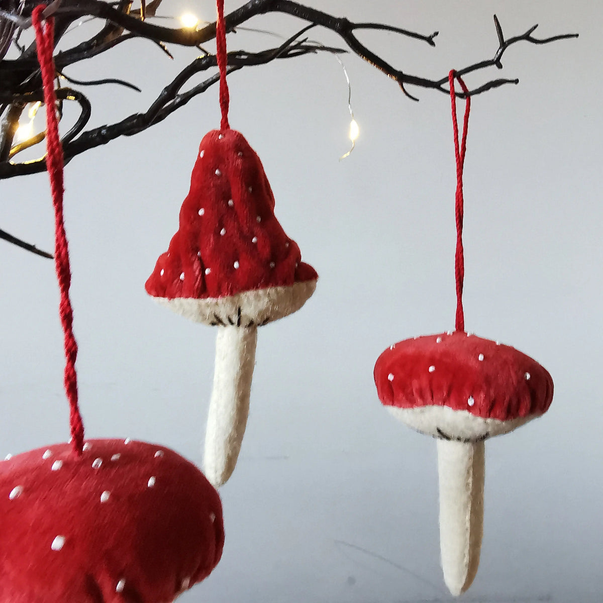 Fiona Walker England Red Velvet Hanging Mushroom Decoration   Handcrafted Sustainable Living  Almasea