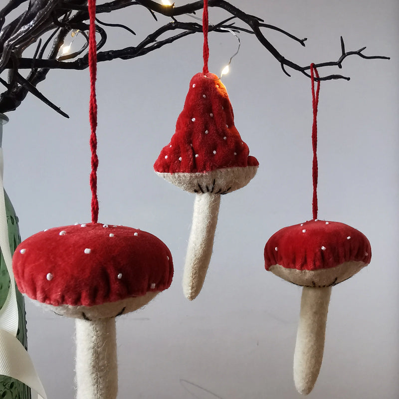 Fiona Walker England Red Velvet Hanging Mushroom Decoration   Handcrafted Sustainable Living  Almasea