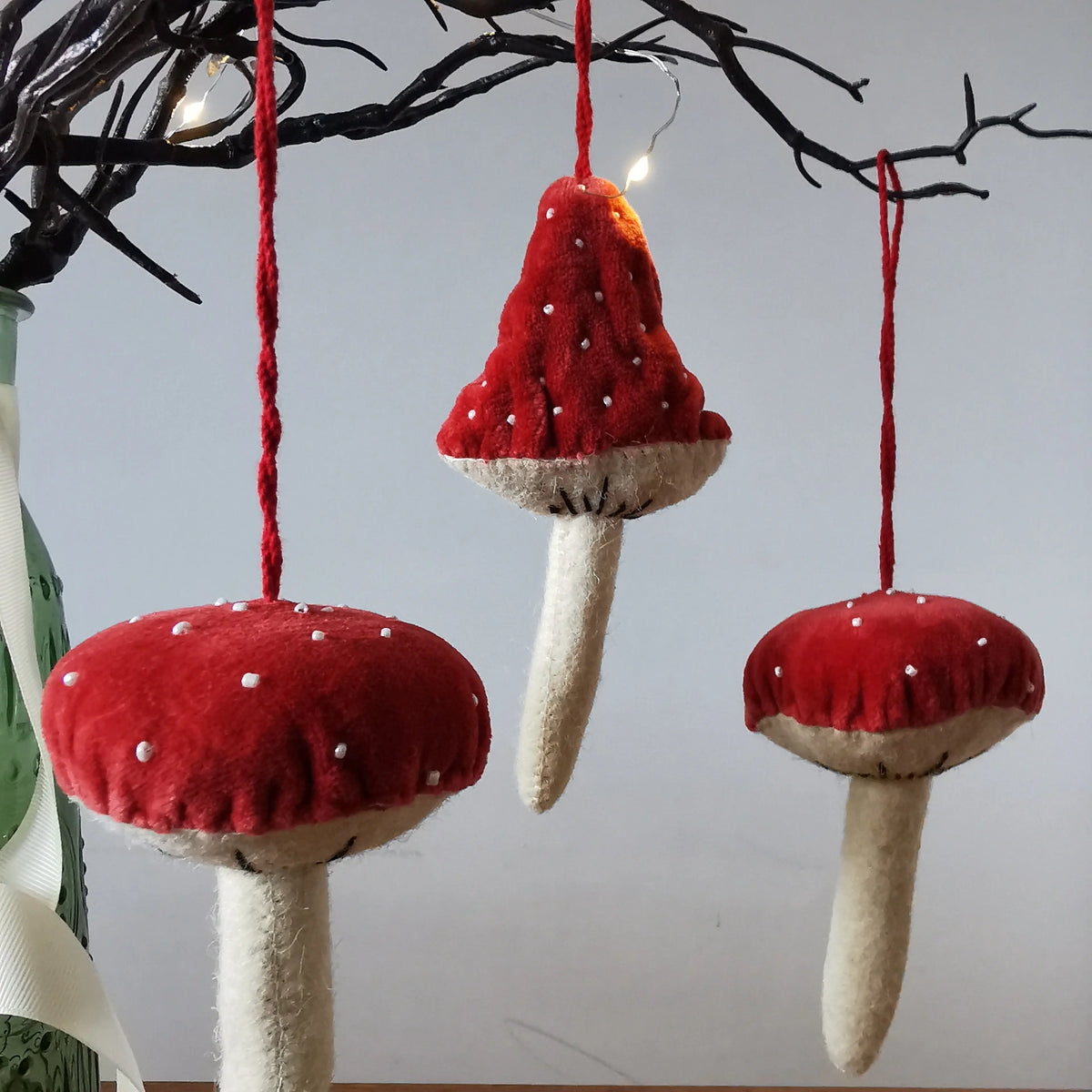 Fiona Walker England Red Velvet Hanging Mushroom Decoration   Handcrafted Sustainable Living  Almasea