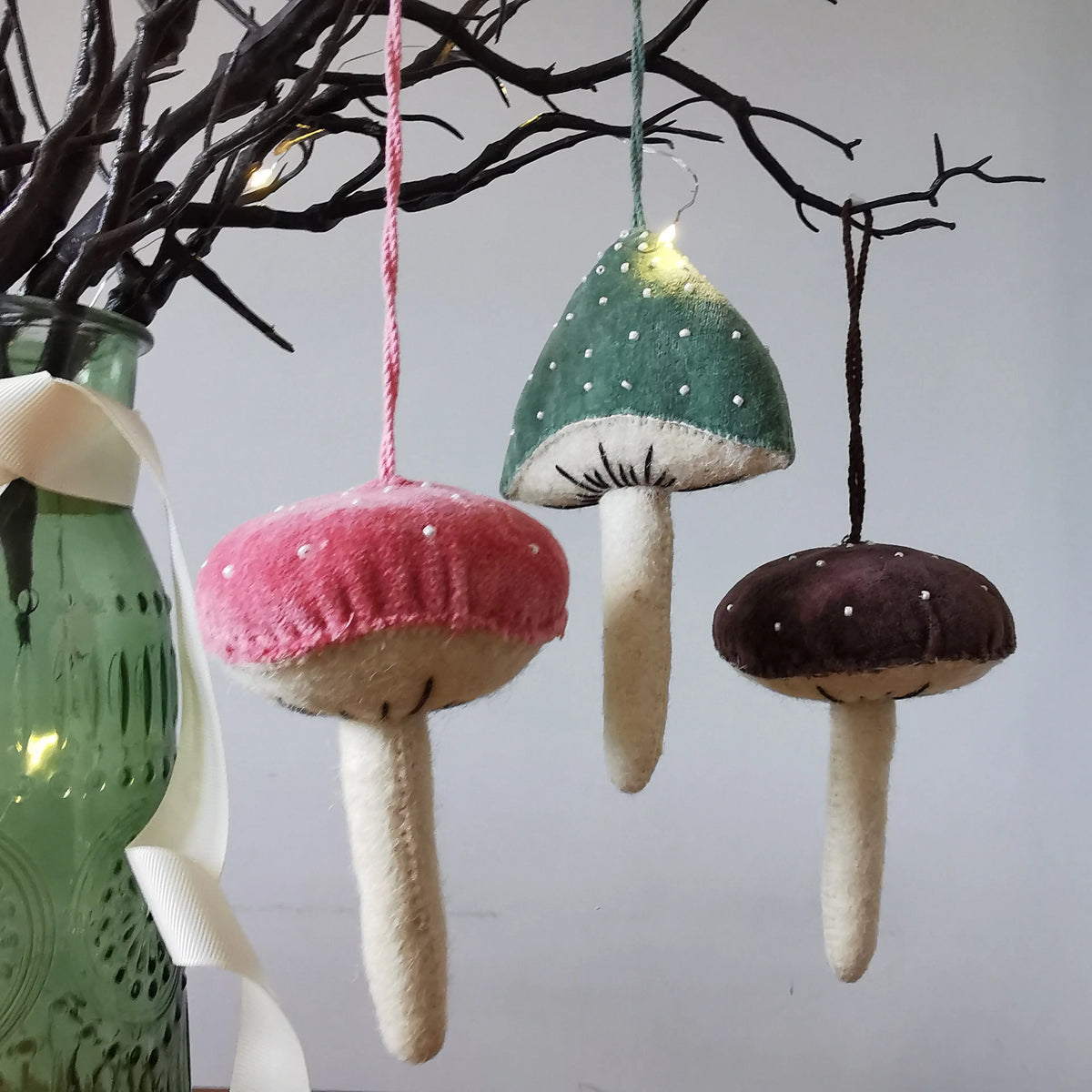 Fiona Walker England Mushroom – Pastel Velvet Hanging Ornament   Handcrafted Sustainable Living  Almasea