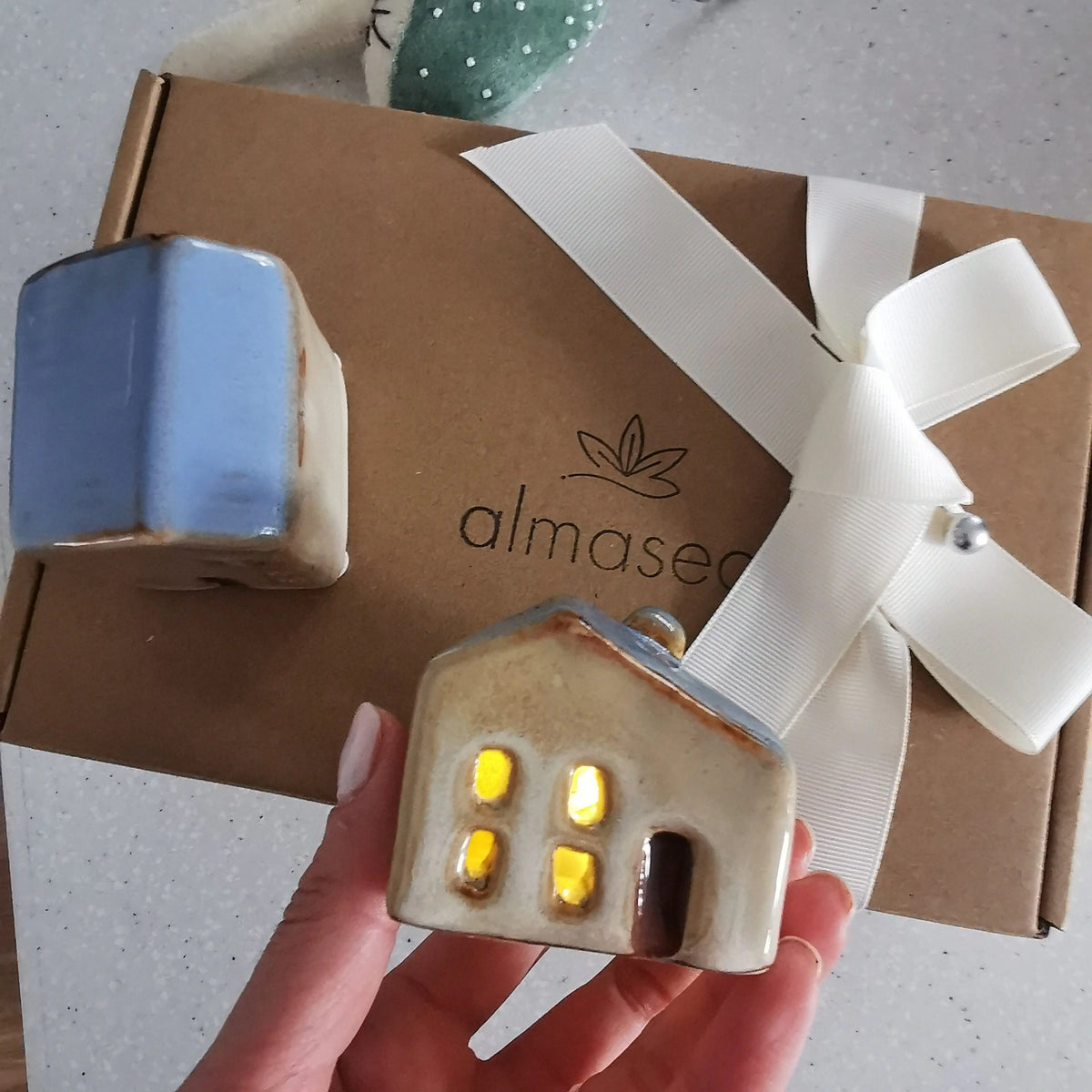 LED Ceramic House Blue Roof – Reactive Glaze Finish   Handcrafted Sustainable Living  Almasea