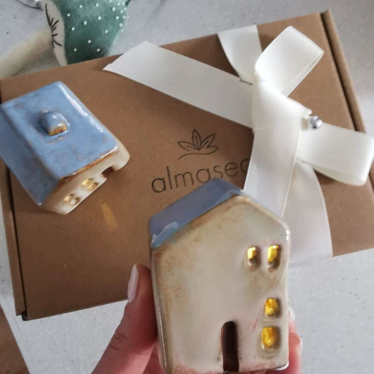 LED Ceramic House Blue Roof – Reactive Glaze Finish   Handcrafted Sustainable Living  Almasea