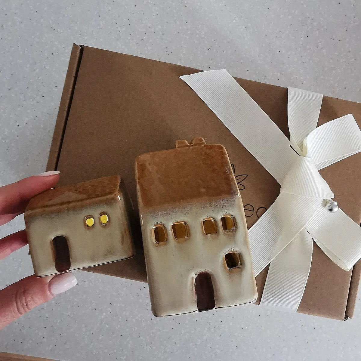 Light Up House Decoration – Beige Roof LED Ceramic House   Handcrafted Sustainable Living  Almasea