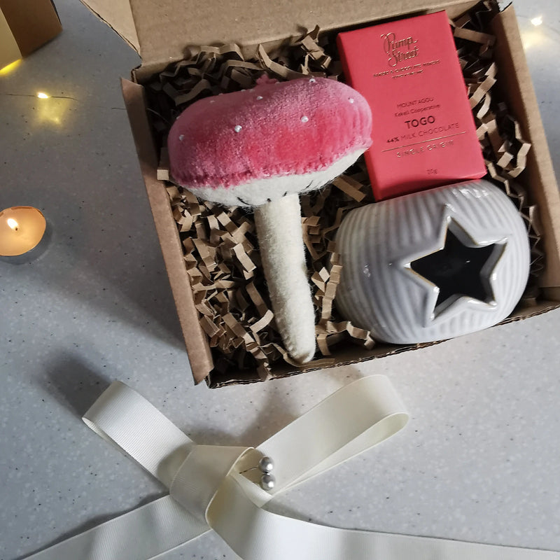 Happy Holidays Gift Box – Pink Mushroom, Star & Chocolate   Handcrafted Sustainable Living  Almasea