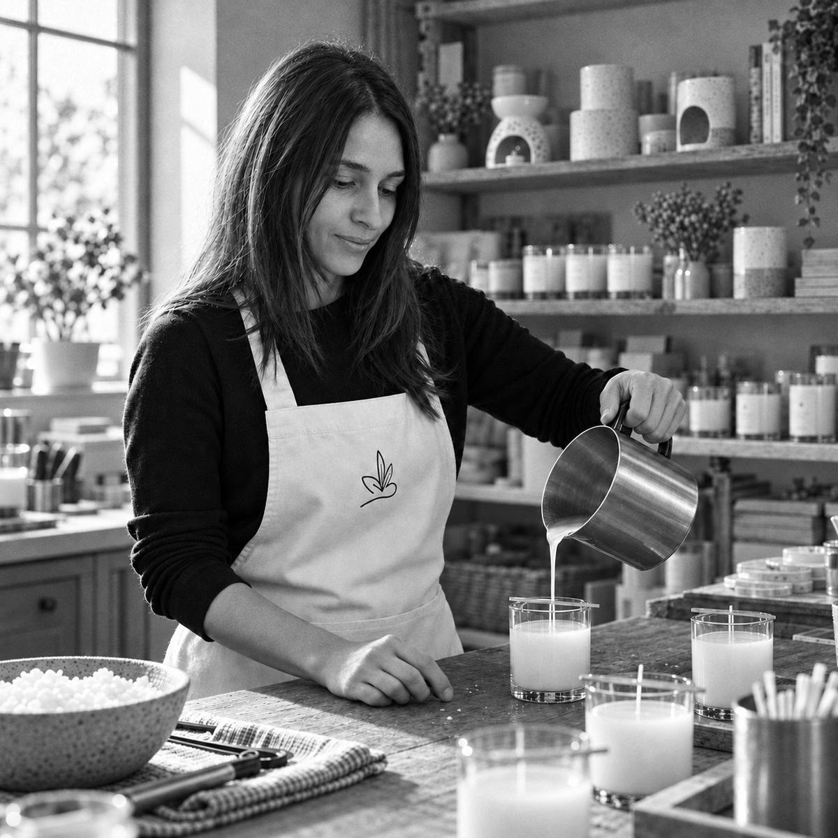 Almasea maker pouring soy wax into glasses in the Whitstable workshop