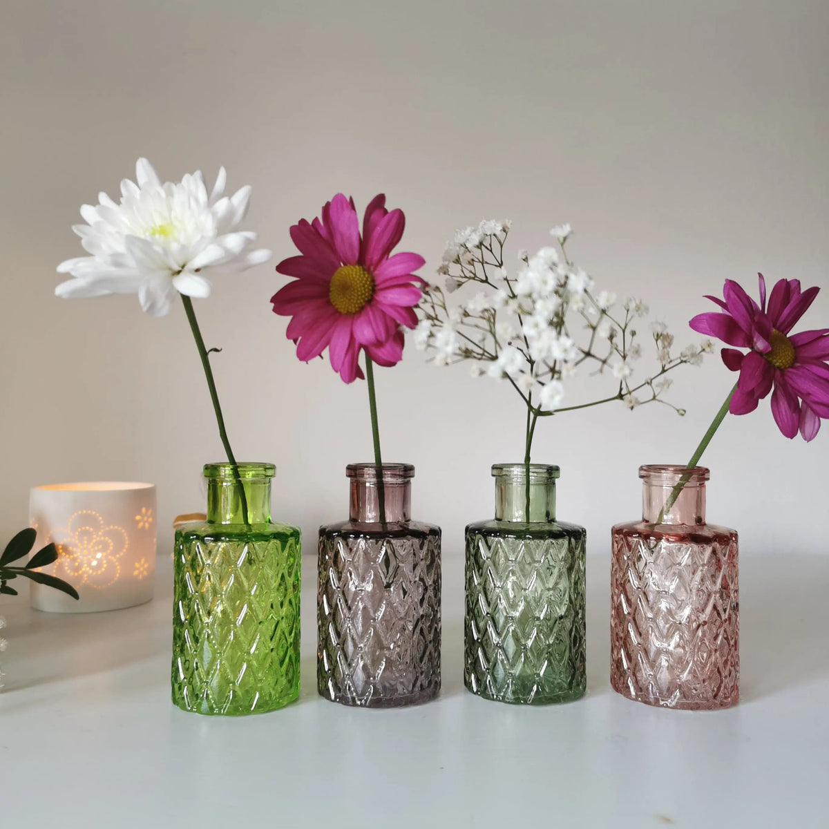 Geometric Textured Mini Bottle Vase – 9.5cm Coloured Glass Bud Vase   Handcrafted Sustainable Living  Almasea