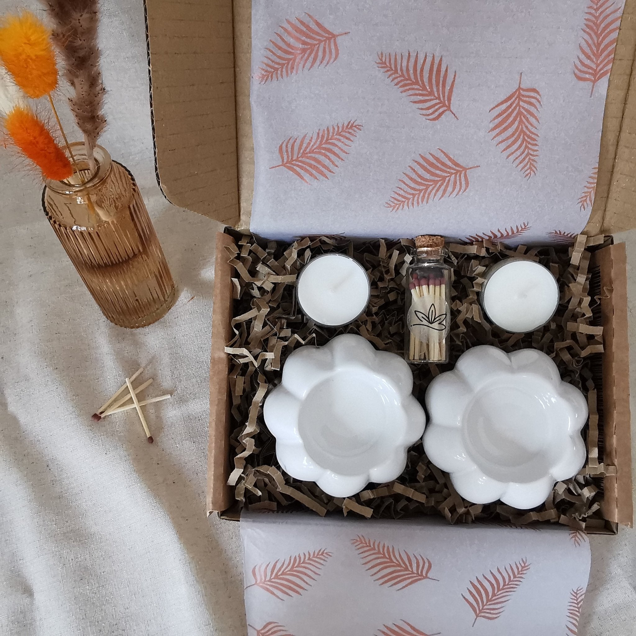 Set of two ceramic pumpkin tea light holders and matches