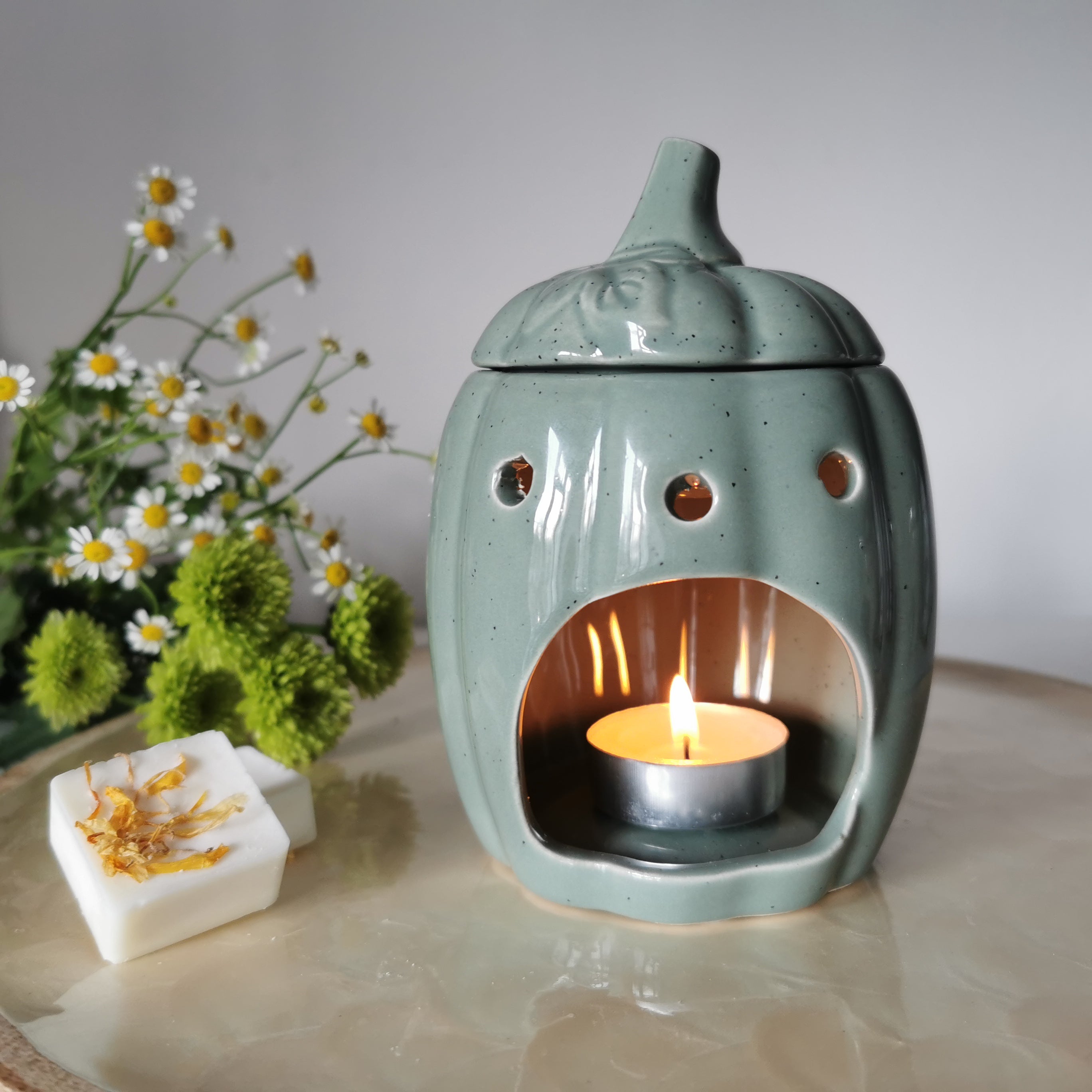 Sage Green Pumpkin Wax Melt Burner with lid