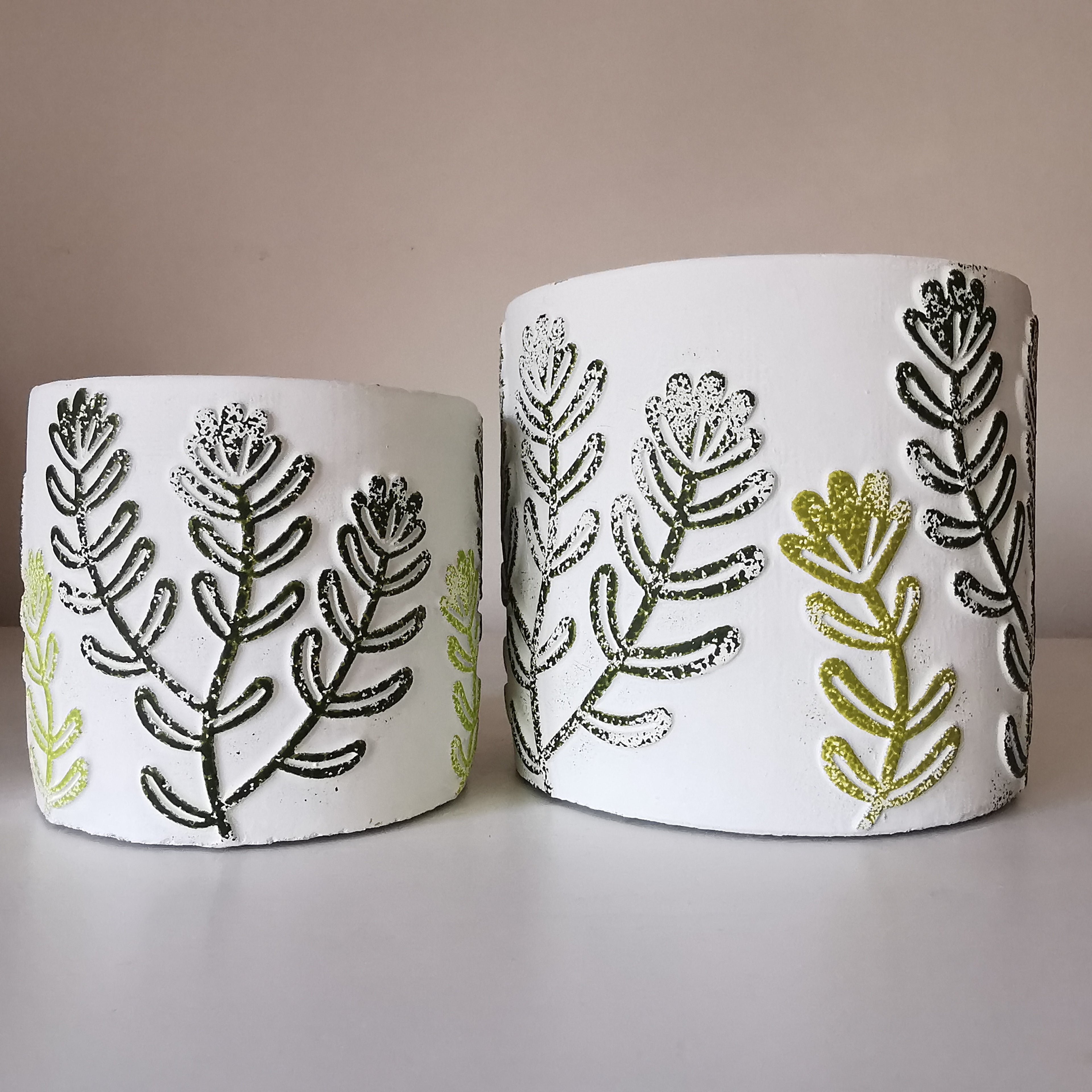 Cement Floral Plant Pot Green White Unique Design 11cm, 14 cm