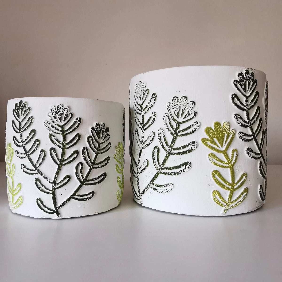 Cement Plant Pot – Embossed Green Leaf Design, Two Sizes   Handcrafted Sustainable Living  Almasea