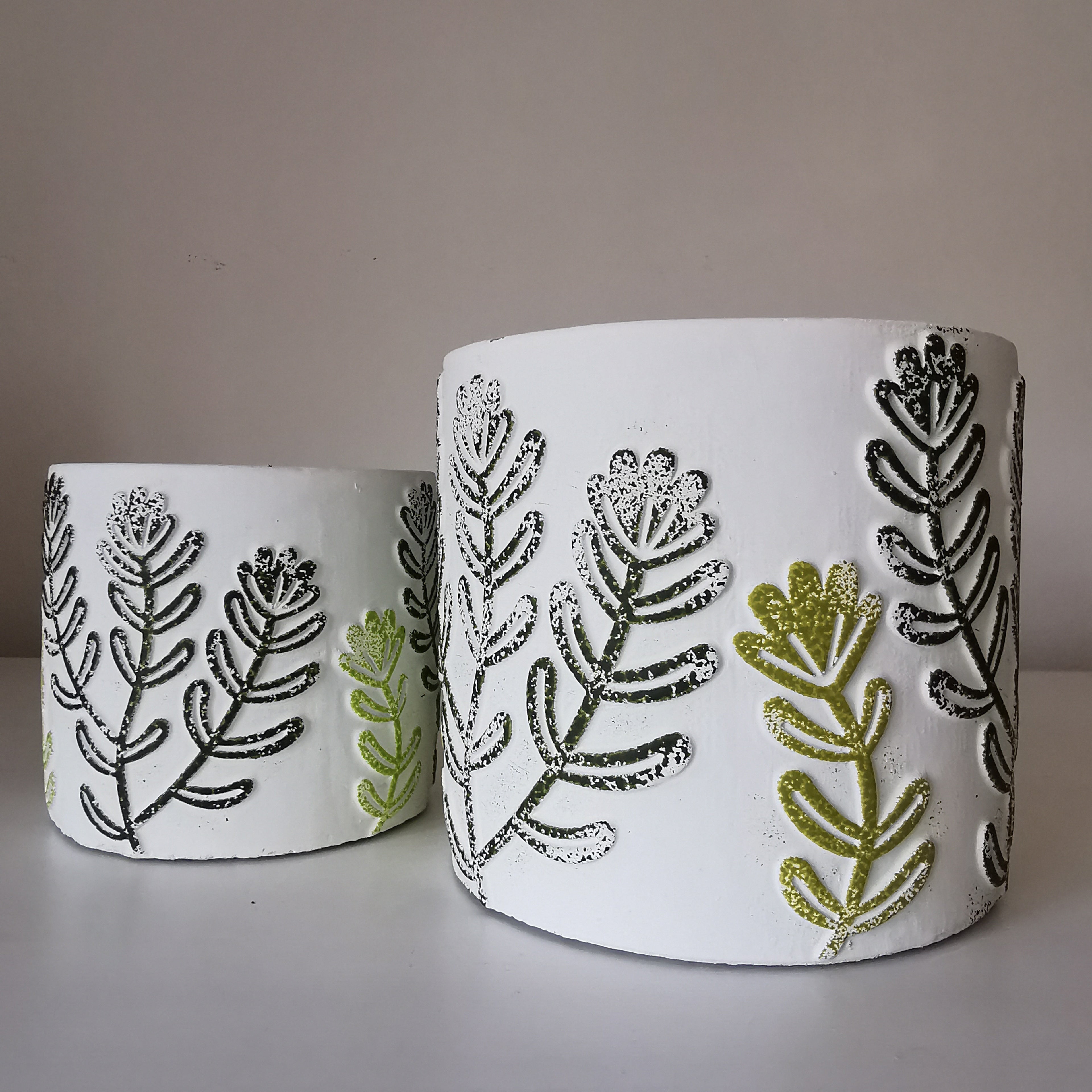Cement Floral Plant Pot Green White Unique Design 11cm, 14 cm