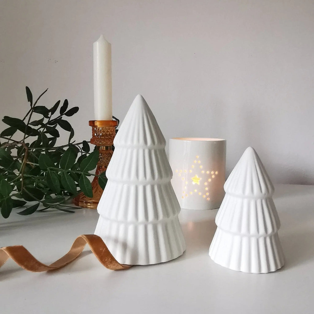 Ceramic Christmas Tree Decoration UK – Matt White Ribbed   Handcrafted Sustainable Living  Almasea