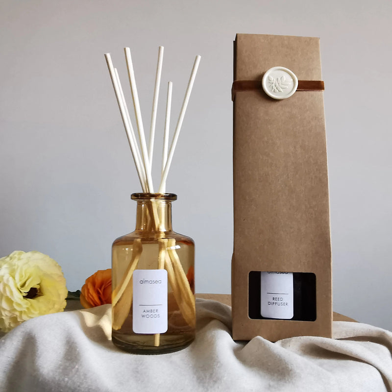 Amber Woods Reed Diffuser – Luxury Woody Fragrance, 200ml   Handcrafted Sustainable Living  Almasea