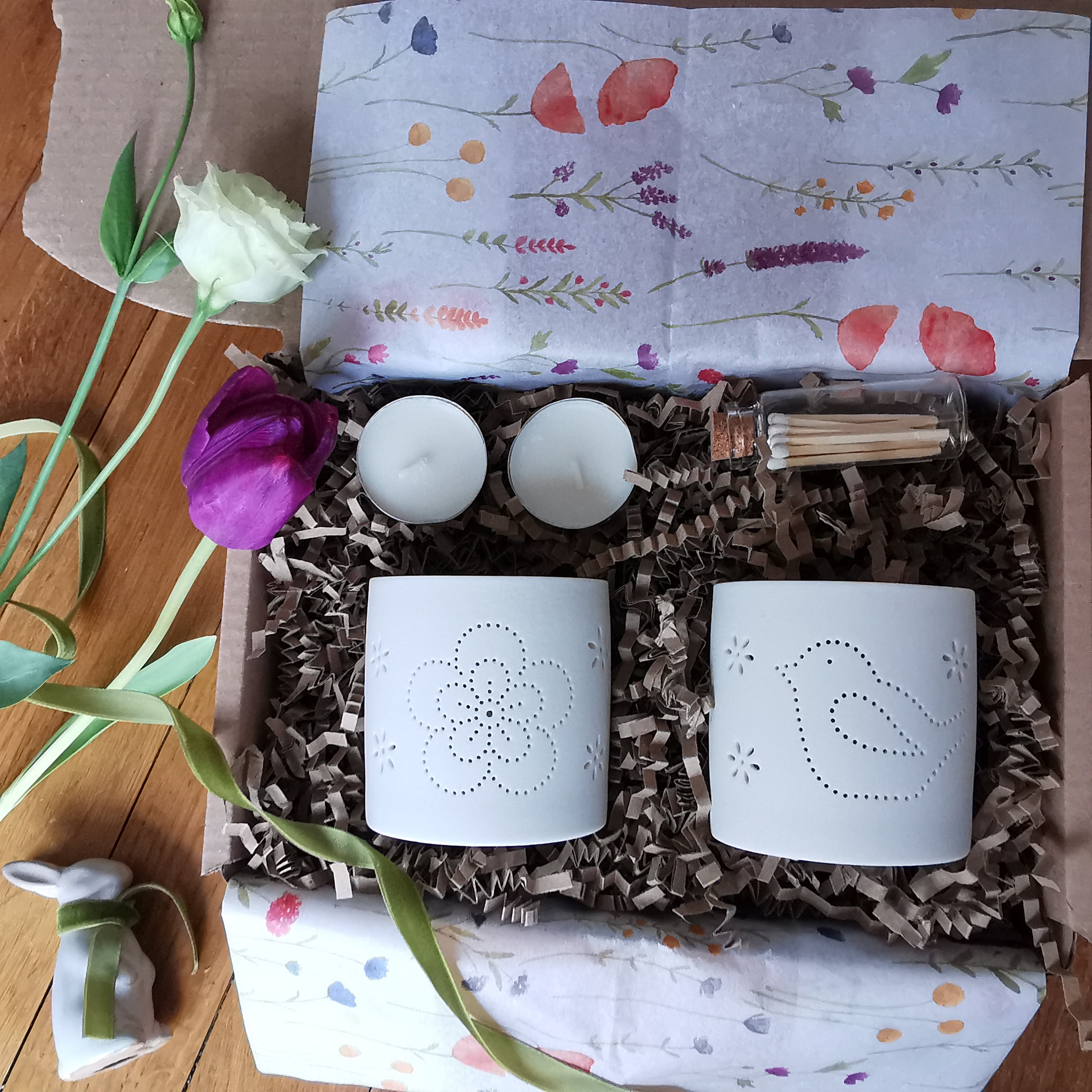 Flower & Bird Tealight Holder Set with Matches