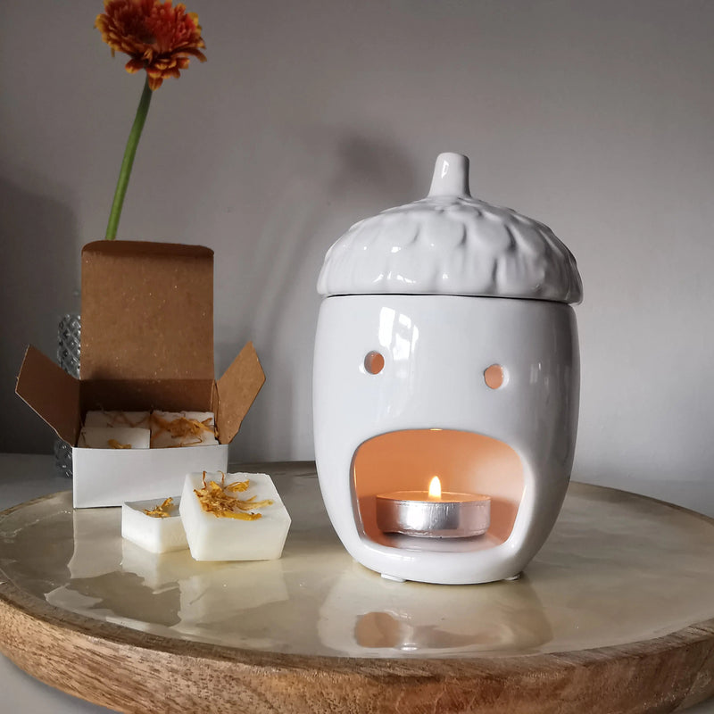 Acorn Wax Melt Burner – Glossy White Ceramic with Lid   Handcrafted Sustainable Living  Almasea
