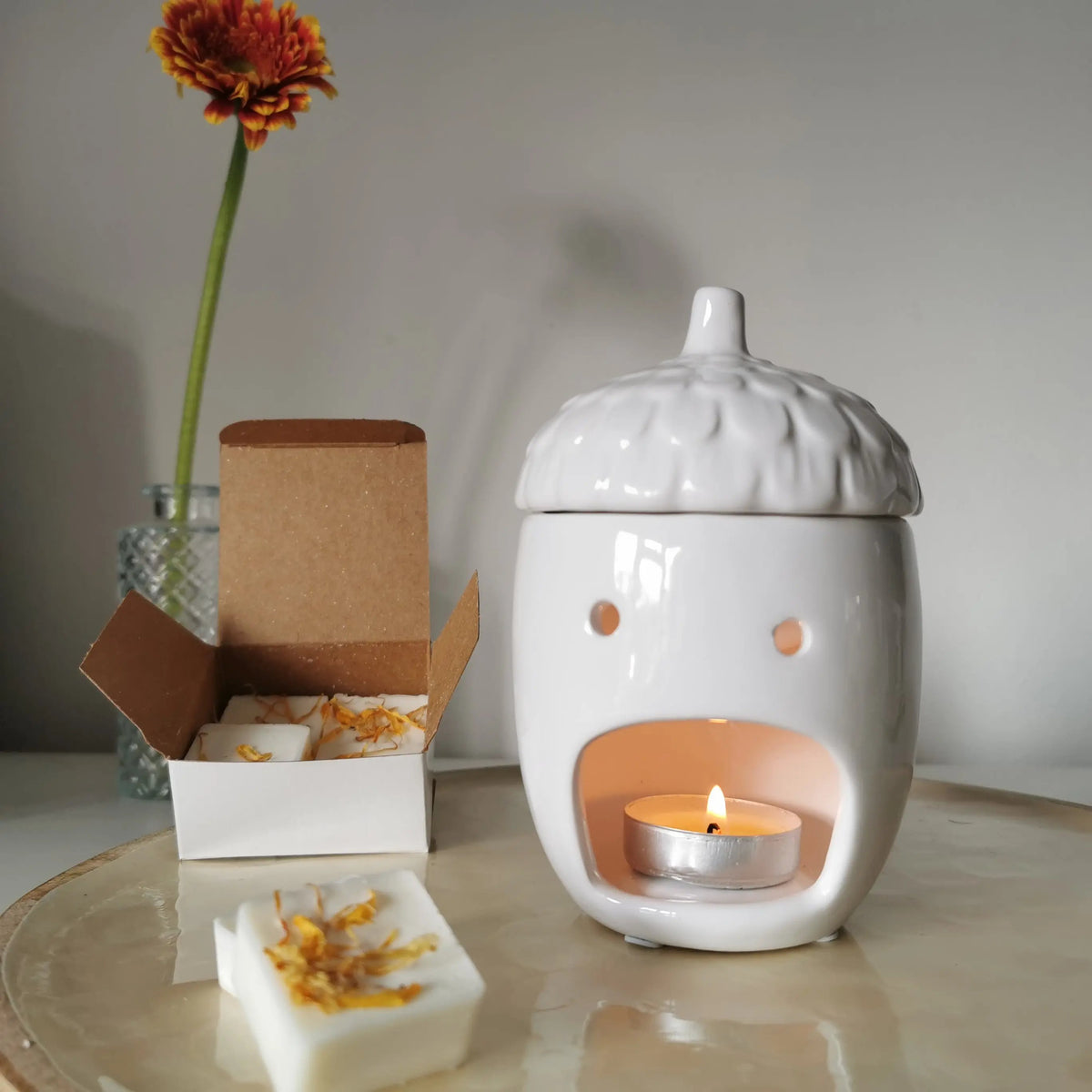 Acorn Wax Melt Burner – Glossy White Ceramic with Lid   Handcrafted Sustainable Living  Almasea