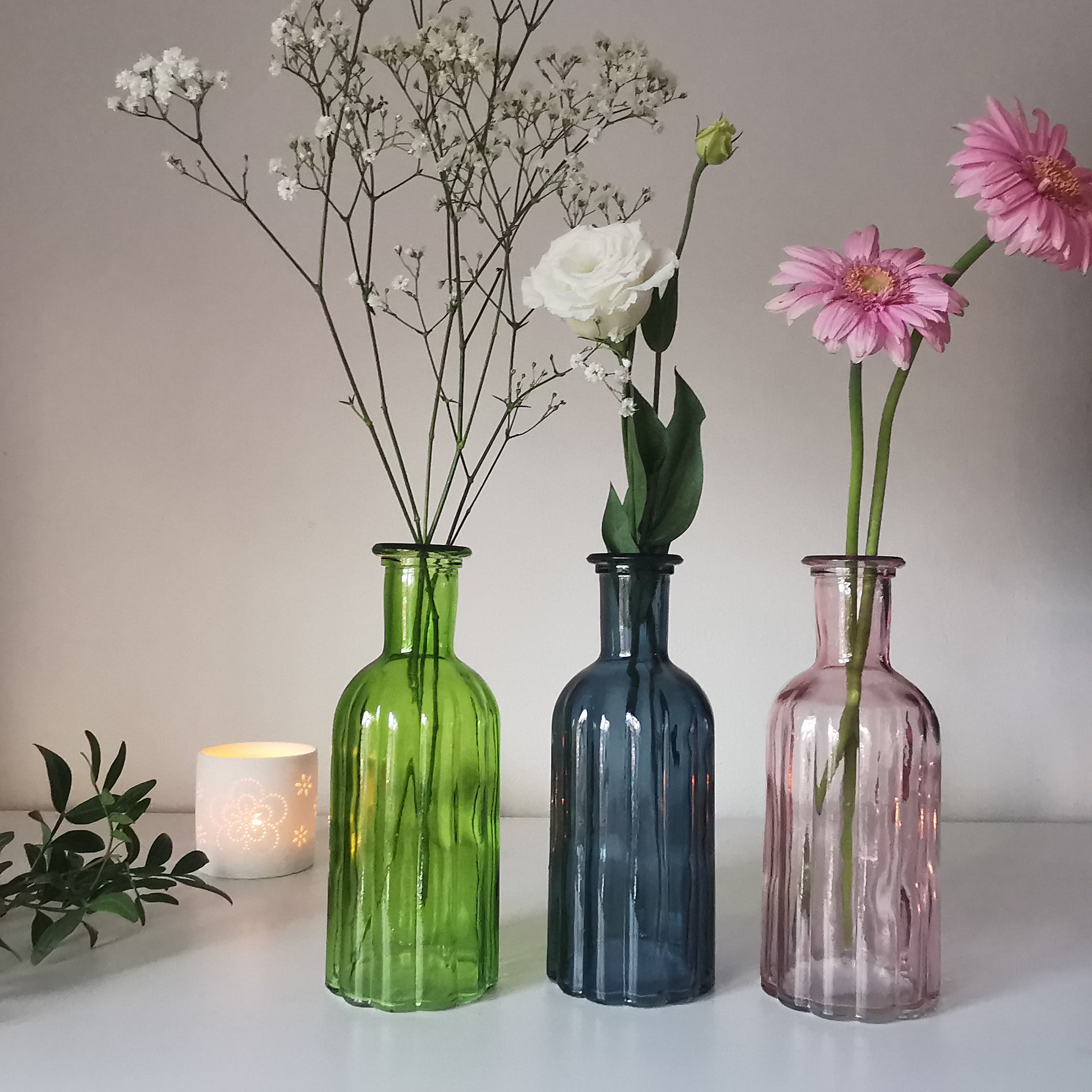 Tall Ribbed Glass Bottle Vase 19cm