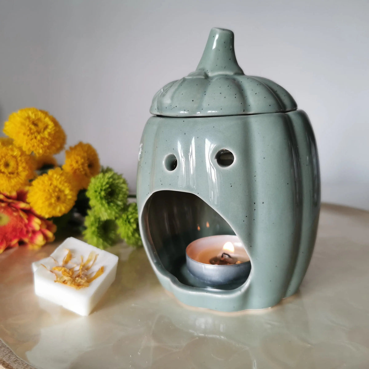 Sage Green Pumpkin Wax Burner – Speckled Ceramic with Lid   Handcrafted Sustainable Living  Almasea