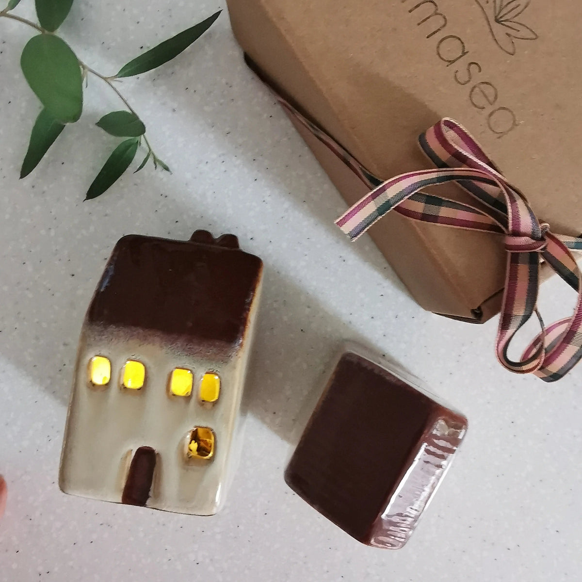 Red LED Festive House – Reactive-Glaze Christmas Decor   Handcrafted Sustainable Living  Almasea