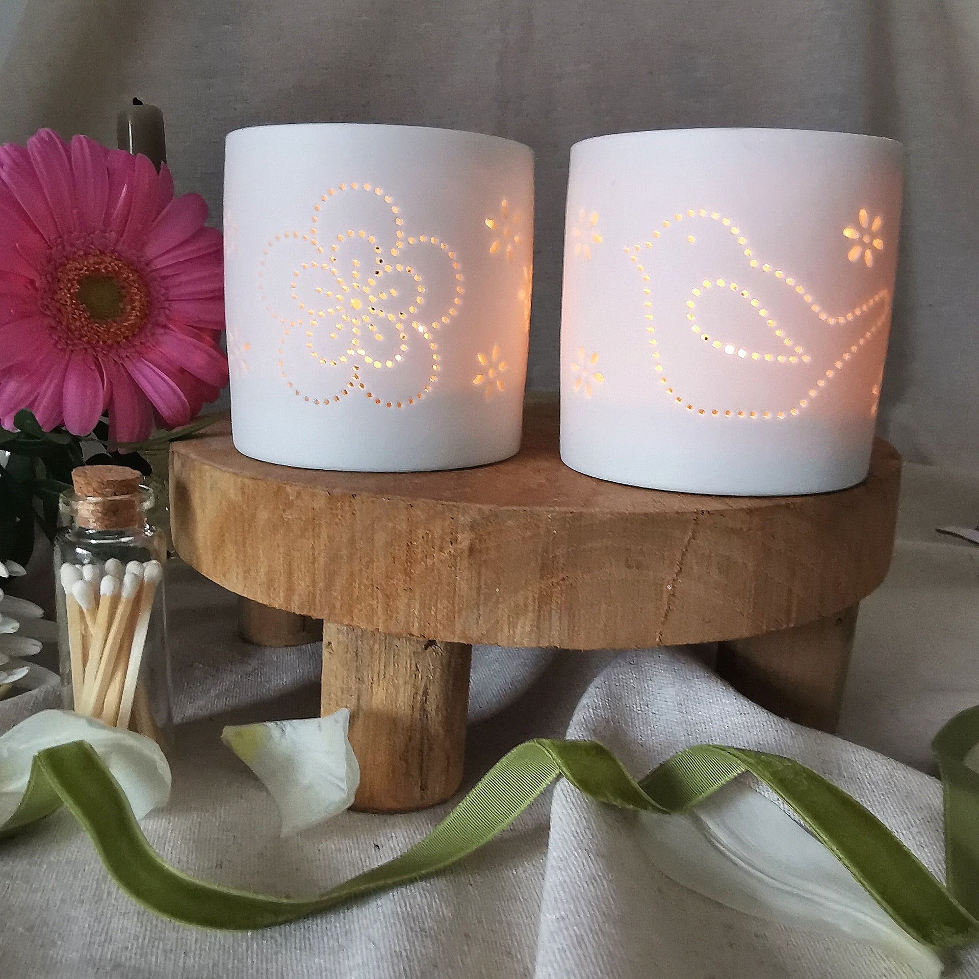 Flower & Bird Tealight Holder Set with Matches