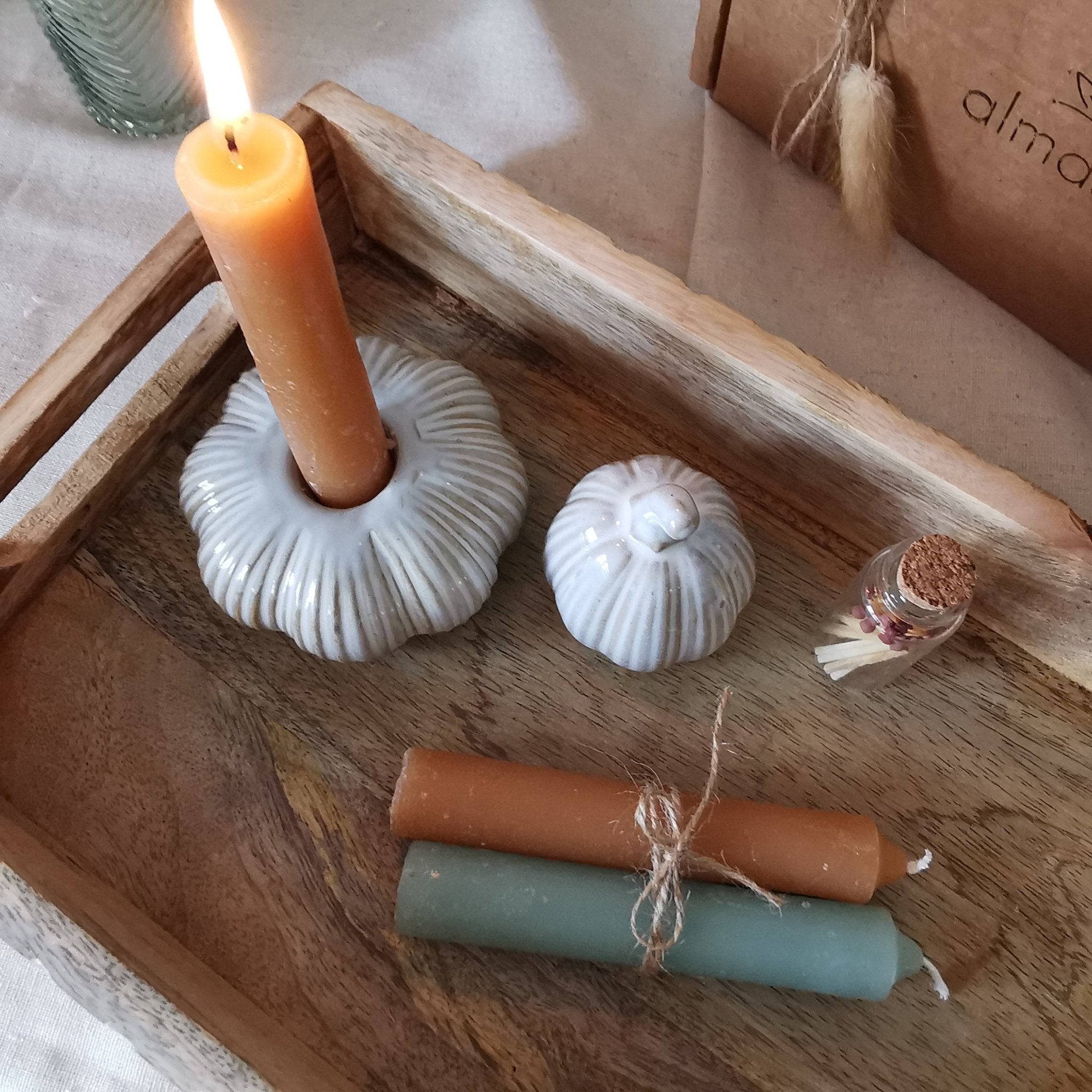 Set of ribbed ceramic rustic pumpkin candlestick holder and ornament