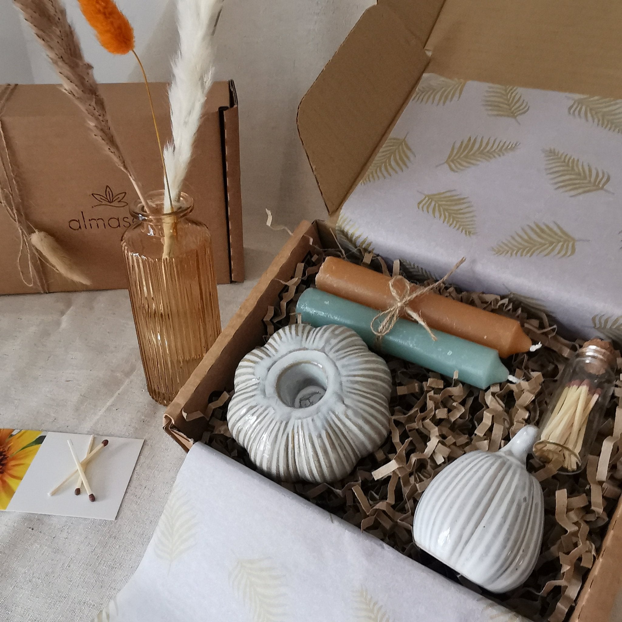 Set of ribbed ceramic rustic pumpkin candlestick holder and ornament