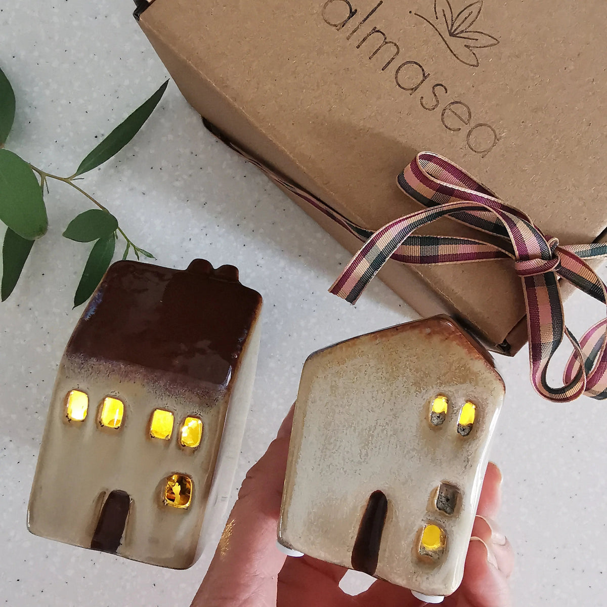 Red LED Festive House – Reactive-Glaze Christmas Decor   Handcrafted Sustainable Living  Almasea