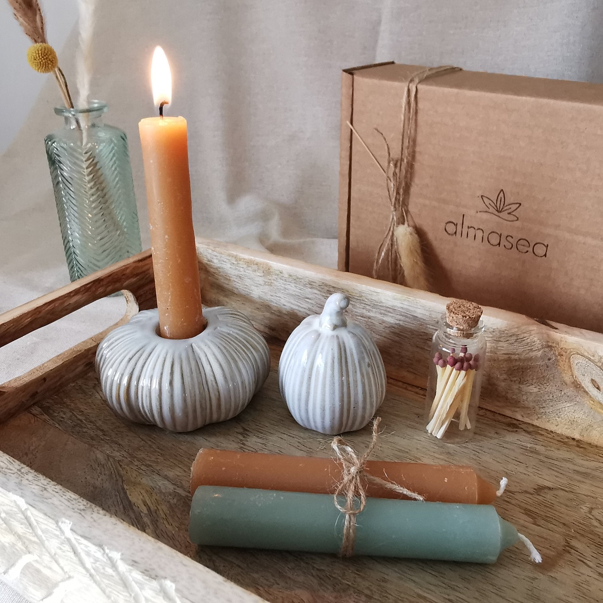 Set of ribbed ceramic rustic pumpkin candlestick holder and ornament