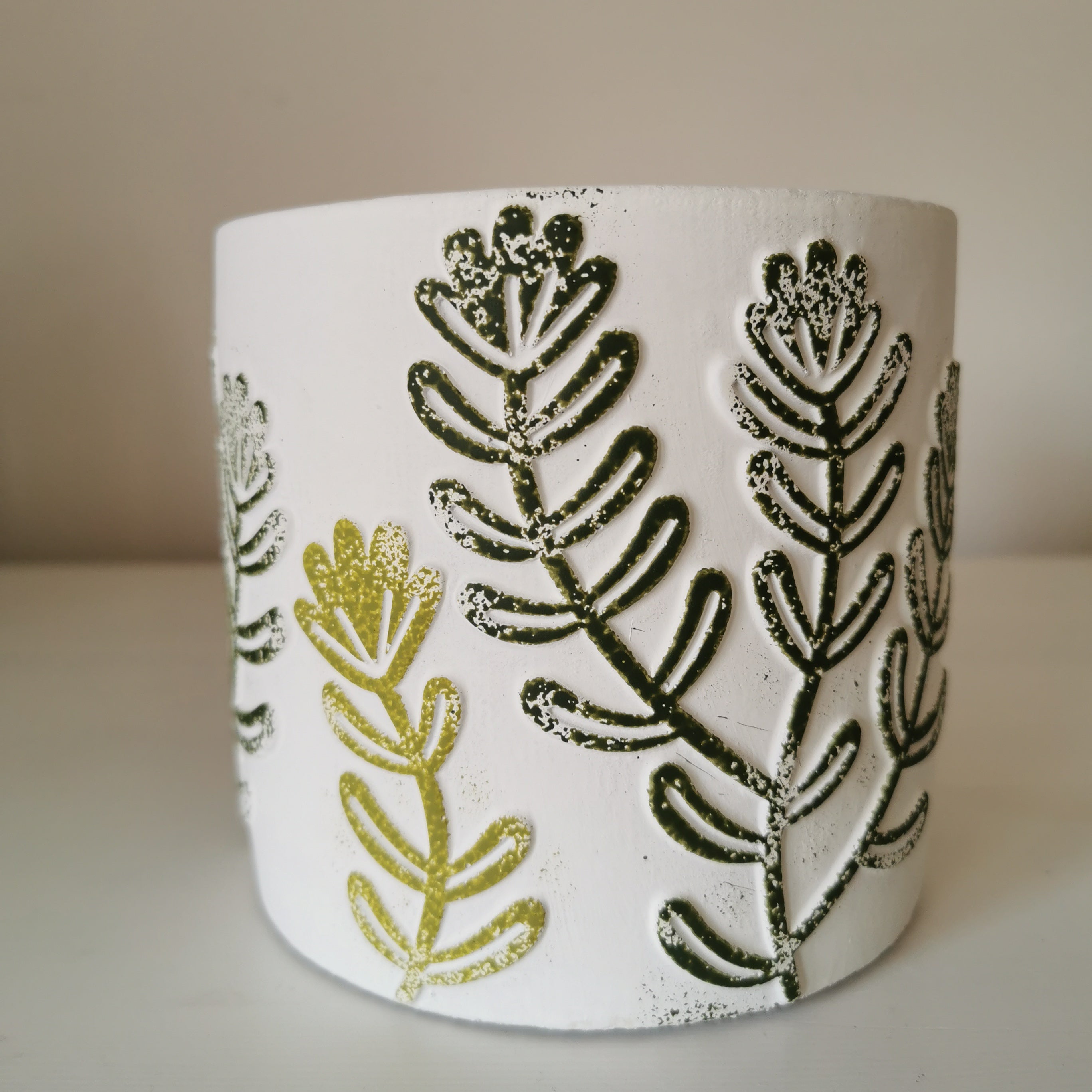 Cement Floral Plant Pot Green White Unique Design 11cm, 14 cm